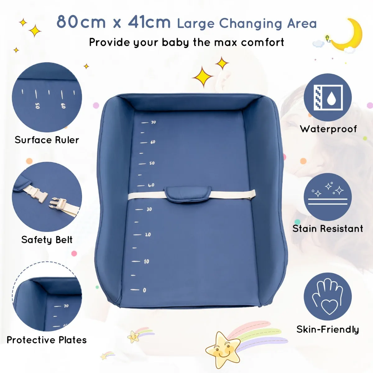 NNECW Foldable Diaper Changing Station Height Adjustable Changing Table with Lockable Wheels-Blue