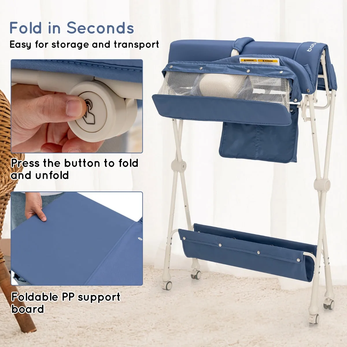 NNECW Foldable Diaper Changing Station Height Adjustable Changing Table with Lockable Wheels-Blue
