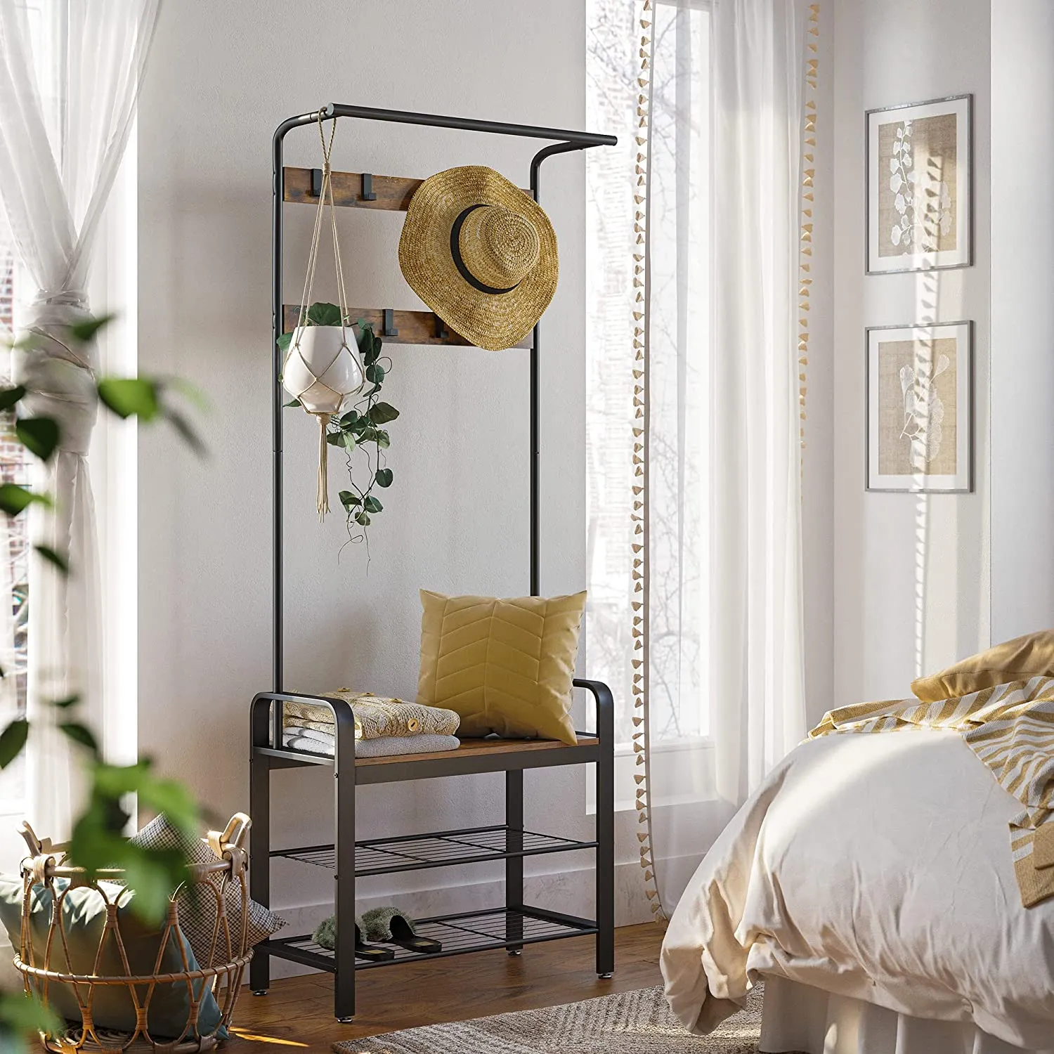 NNEDSZ  Coat Rack Shoe Bench, Wood Look Accent Furniture and Metal Frame