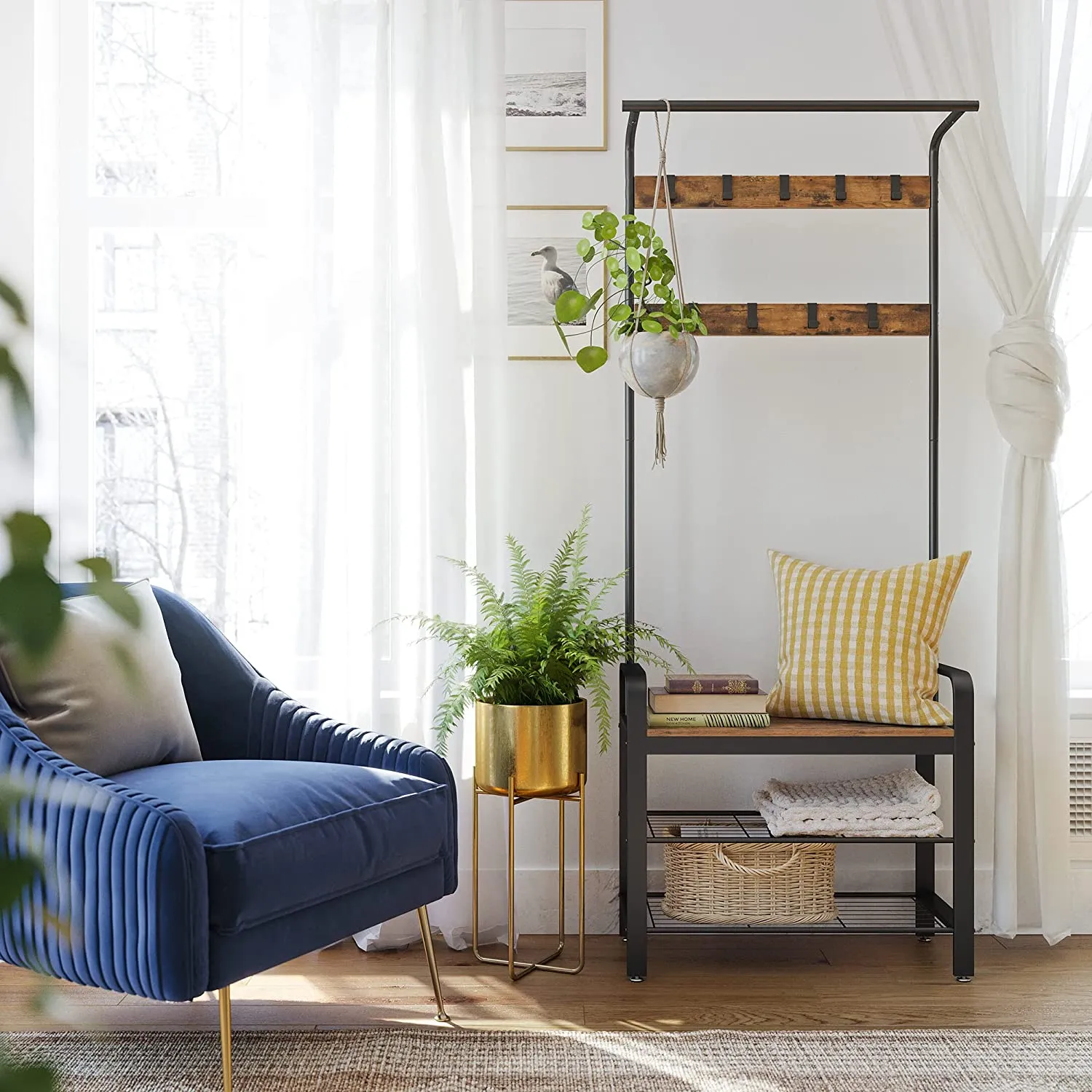 NNEDSZ  Coat Rack Shoe Bench, Wood Look Accent Furniture and Metal Frame