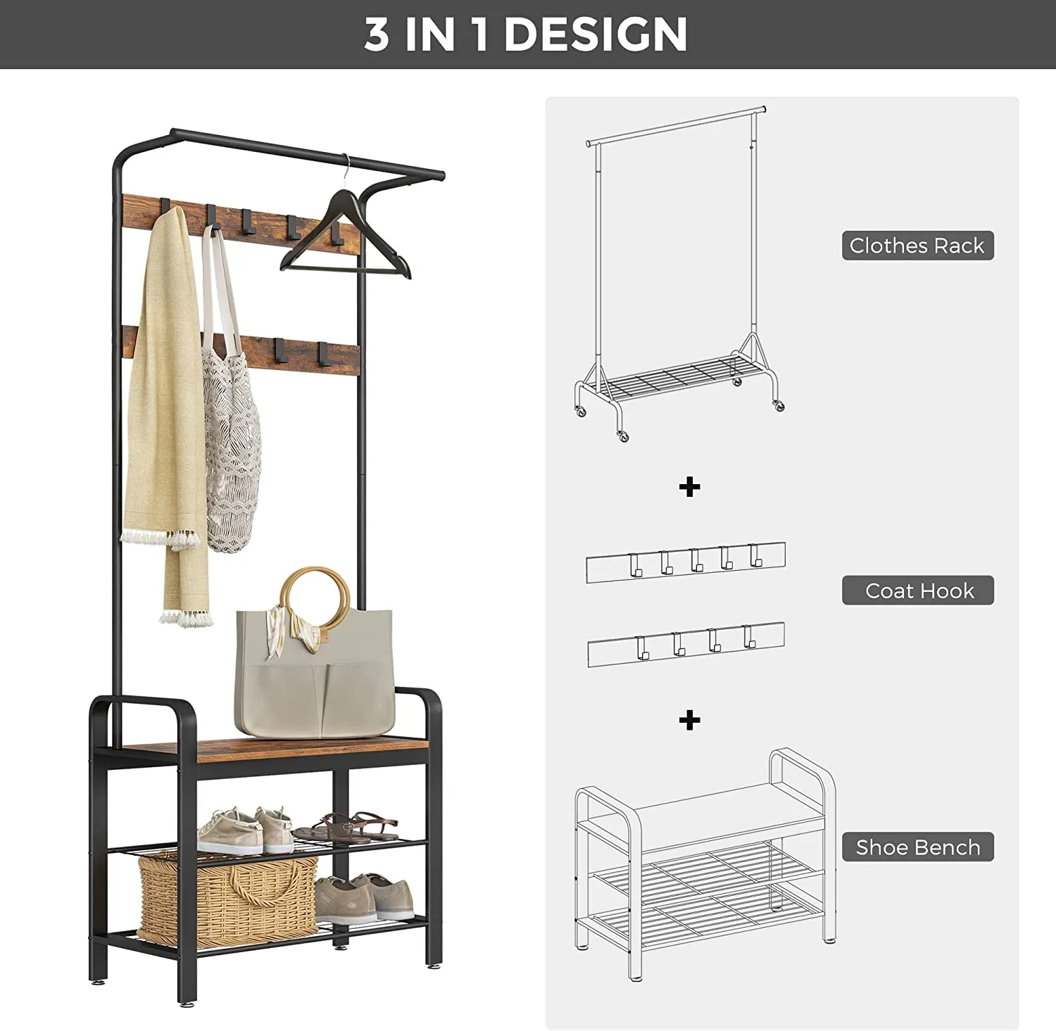 NNEDSZ  Coat Rack Shoe Bench, Wood Look Accent Furniture and Metal Frame
