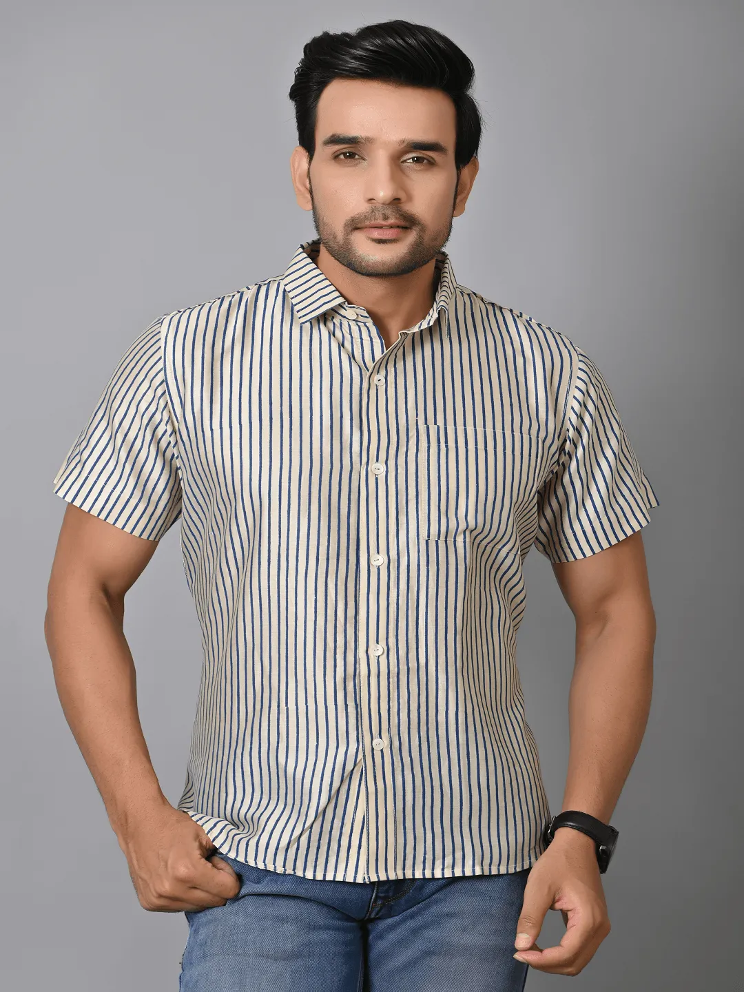 Off White Block Print Chanderi  Men Shirt