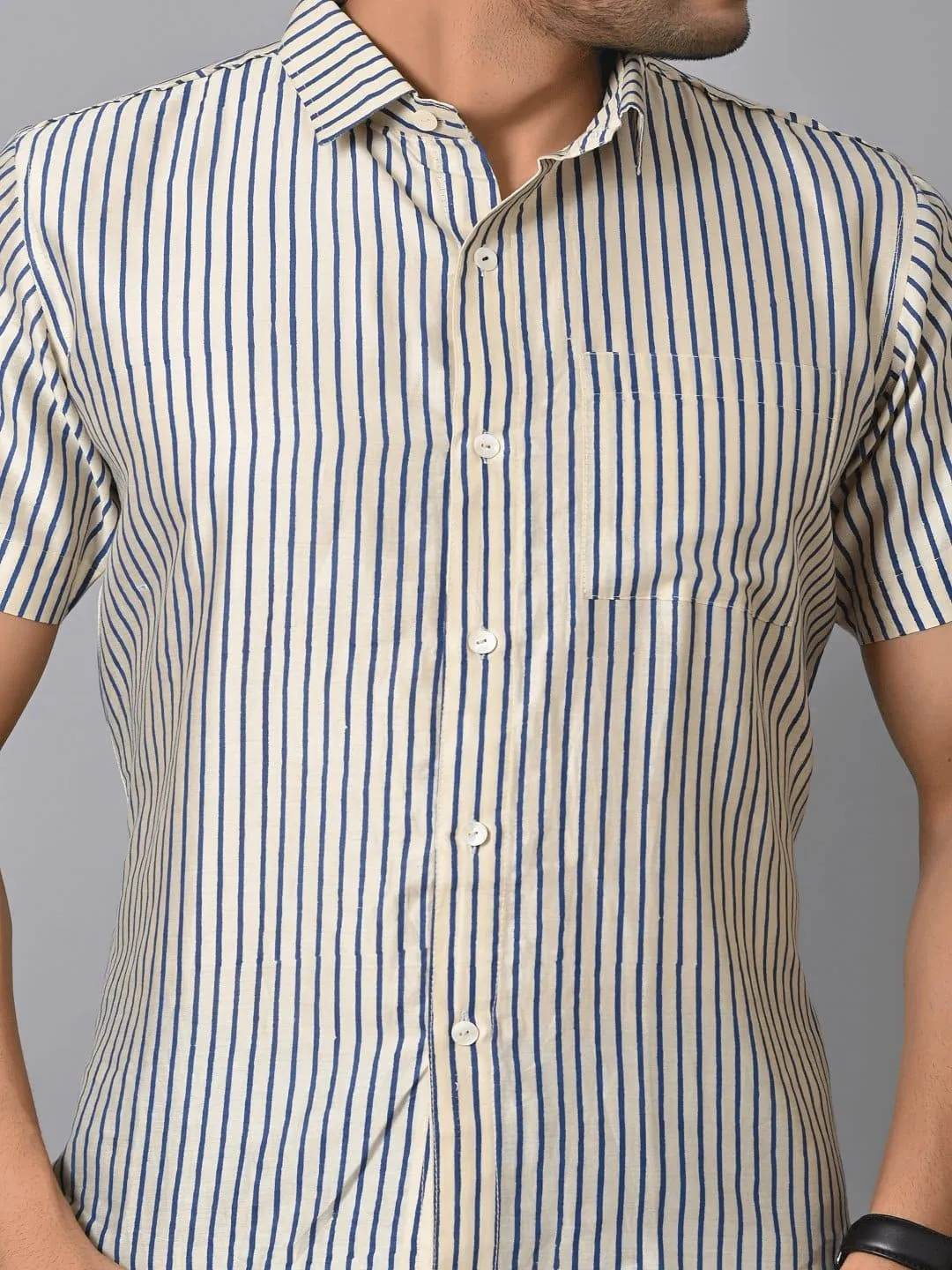 Off White Block Print Chanderi  Men Shirt