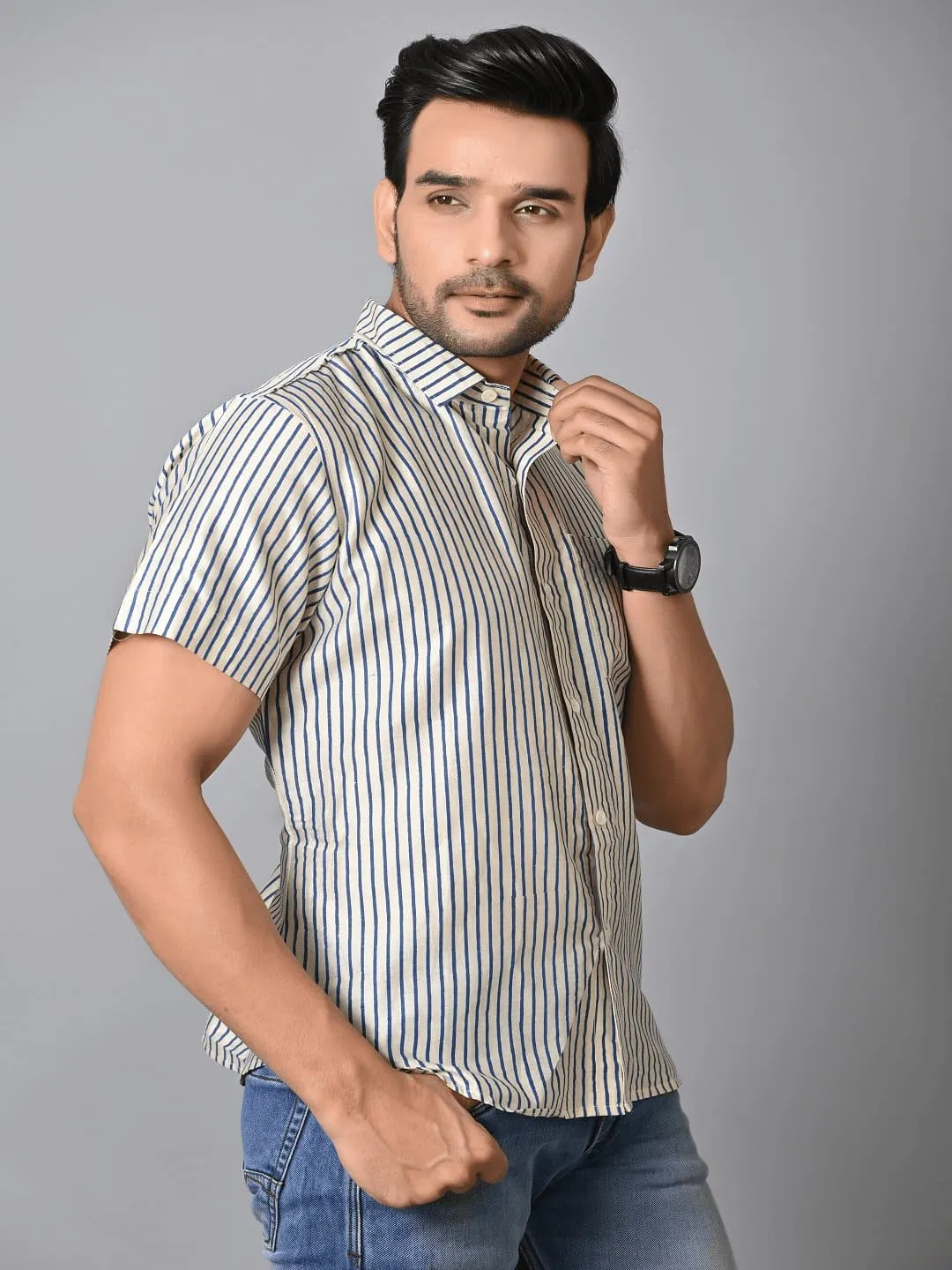 Off White Block Print Chanderi  Men Shirt