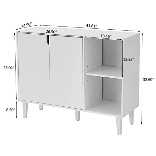 Panana Kitchen Buffet Cabinet Storage Sideboard with 2 Doors 2 Shelves, White, 41.8" L x 15" W x 32.5" H
