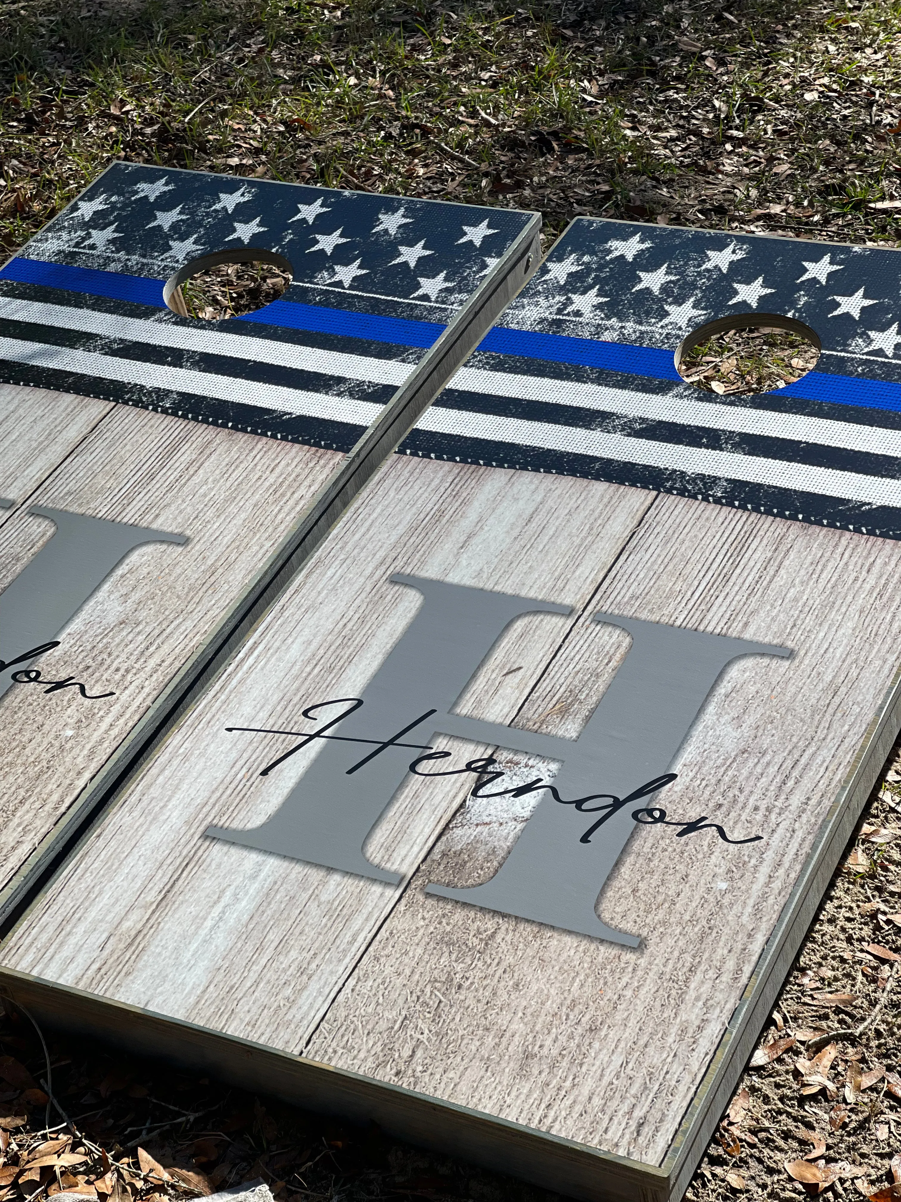Personalized Blue Line Flag Cornhole Set With Bean Bags