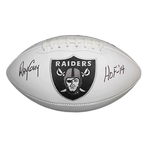 Ray Guy Autographed Oakland Raiders Full Size Logo Football White HOF 14 Inscription (JSA)