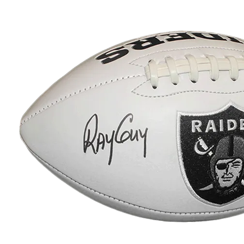 Ray Guy Autographed Oakland Raiders Full Size Logo Football White HOF 14 Inscription (JSA)