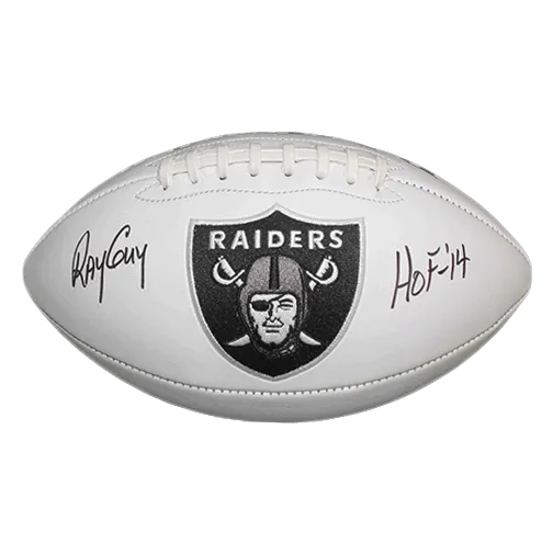 Ray Guy Autographed Oakland Raiders Full Size Logo Football White HOF 14 Inscription (JSA)