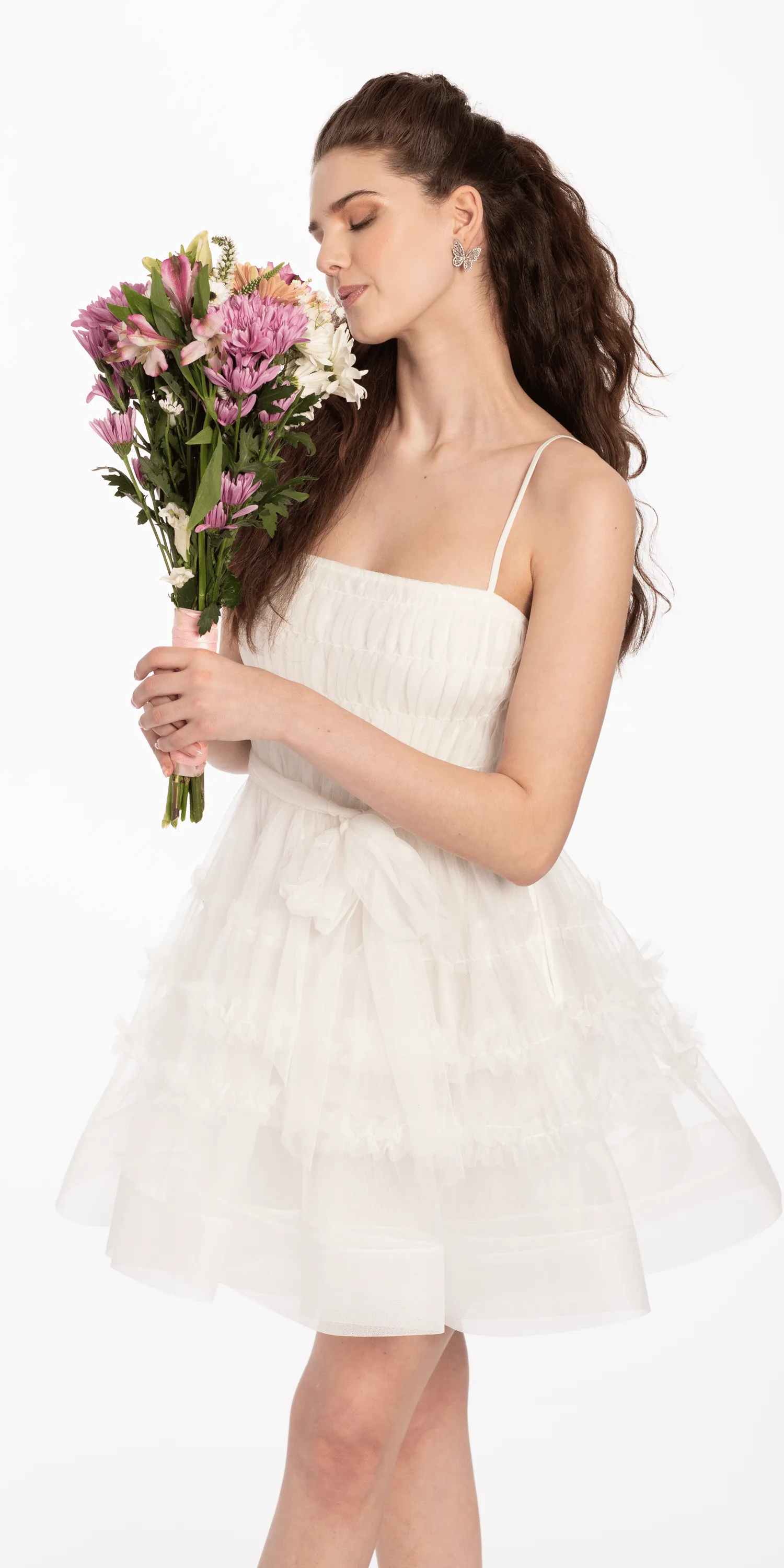 Ruffle Mesh Fit and Flare Dress with Tie Waist
