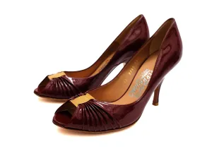 Salvatore Ferragamo Peep Toe Shoes in Burgundy Patent Leather, UK5.5