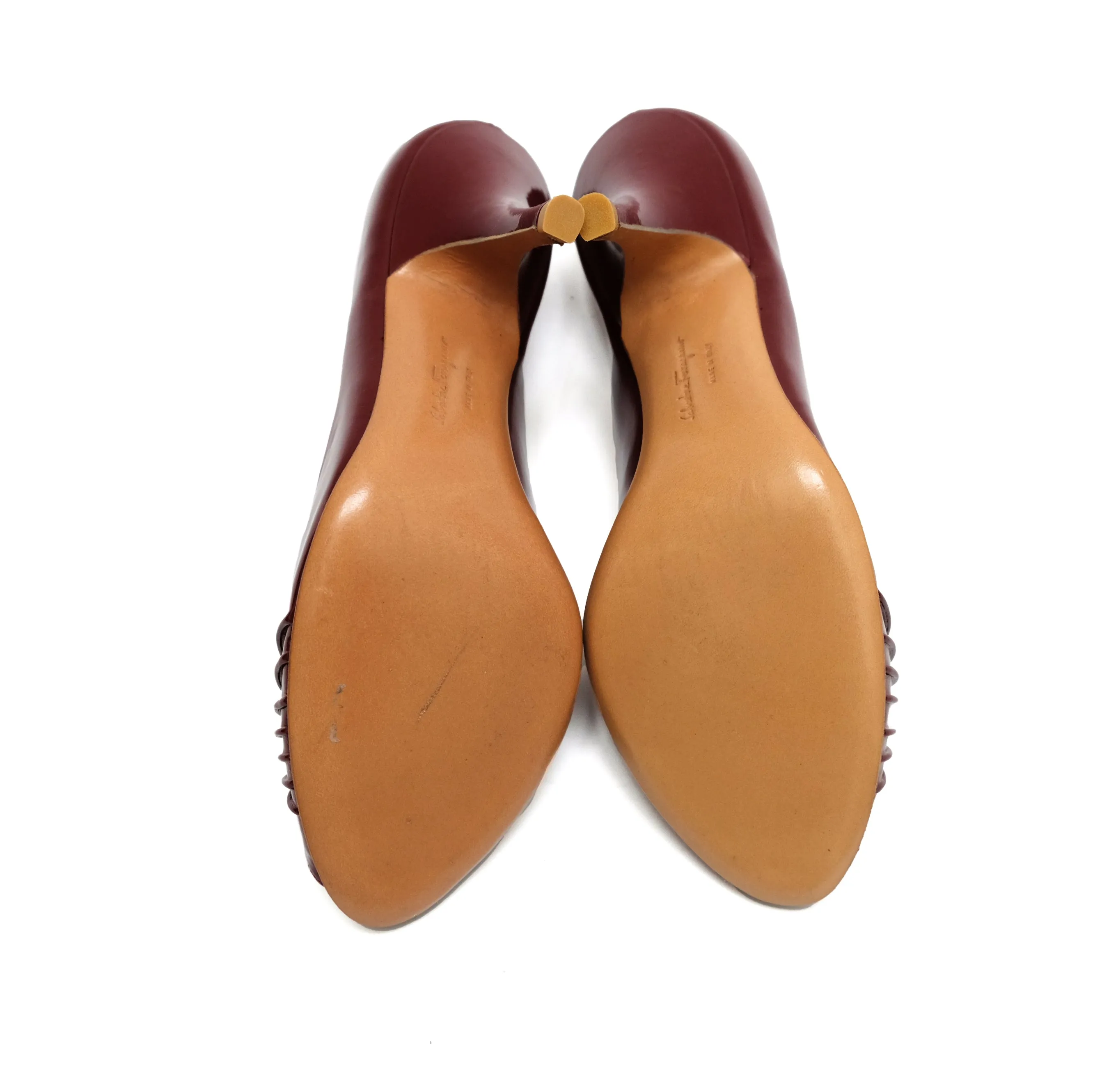 Salvatore Ferragamo Peep Toe Shoes in Burgundy Patent Leather, UK5.5