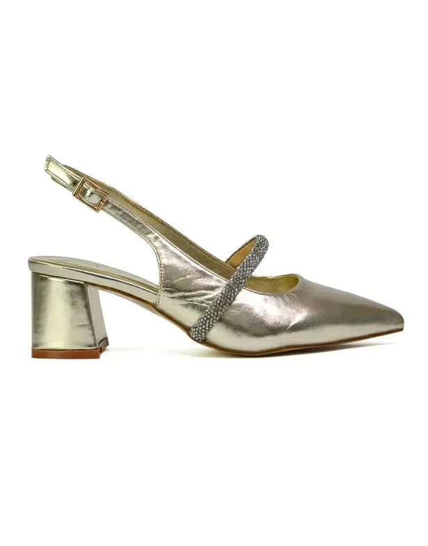 Sandie Sling Back Strappy Pointed Toe Diamante Mid Block Heels in Gold