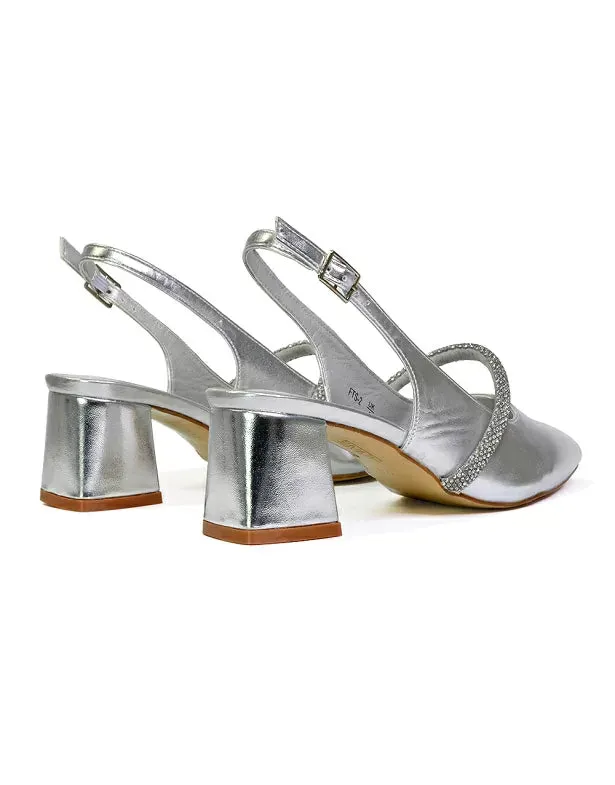 Sandie Sling Back Strappy Pointed Toe Diamante Mid Block Heels in Silver