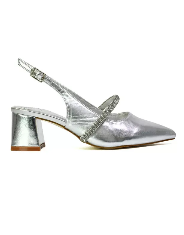 Sandie Sling Back Strappy Pointed Toe Diamante Mid Block Heels in Silver