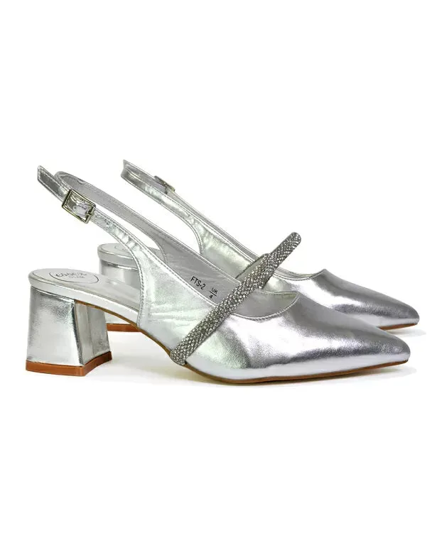 Sandie Sling Back Strappy Pointed Toe Diamante Mid Block Heels in Silver