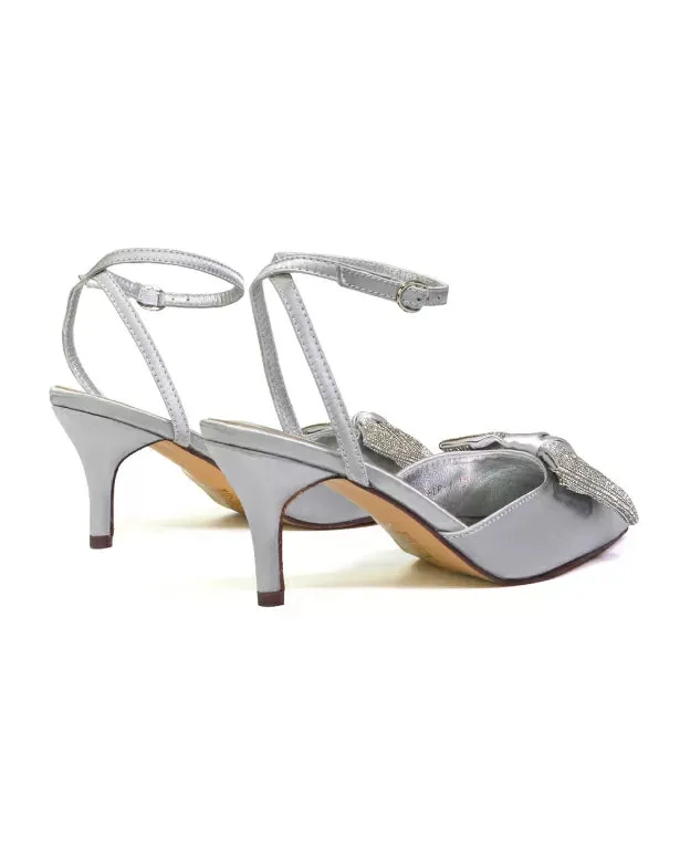 Solene Diamante Bow  Pointed Toe Court Shoes Mid Stiletto Bridal Heels in Silver