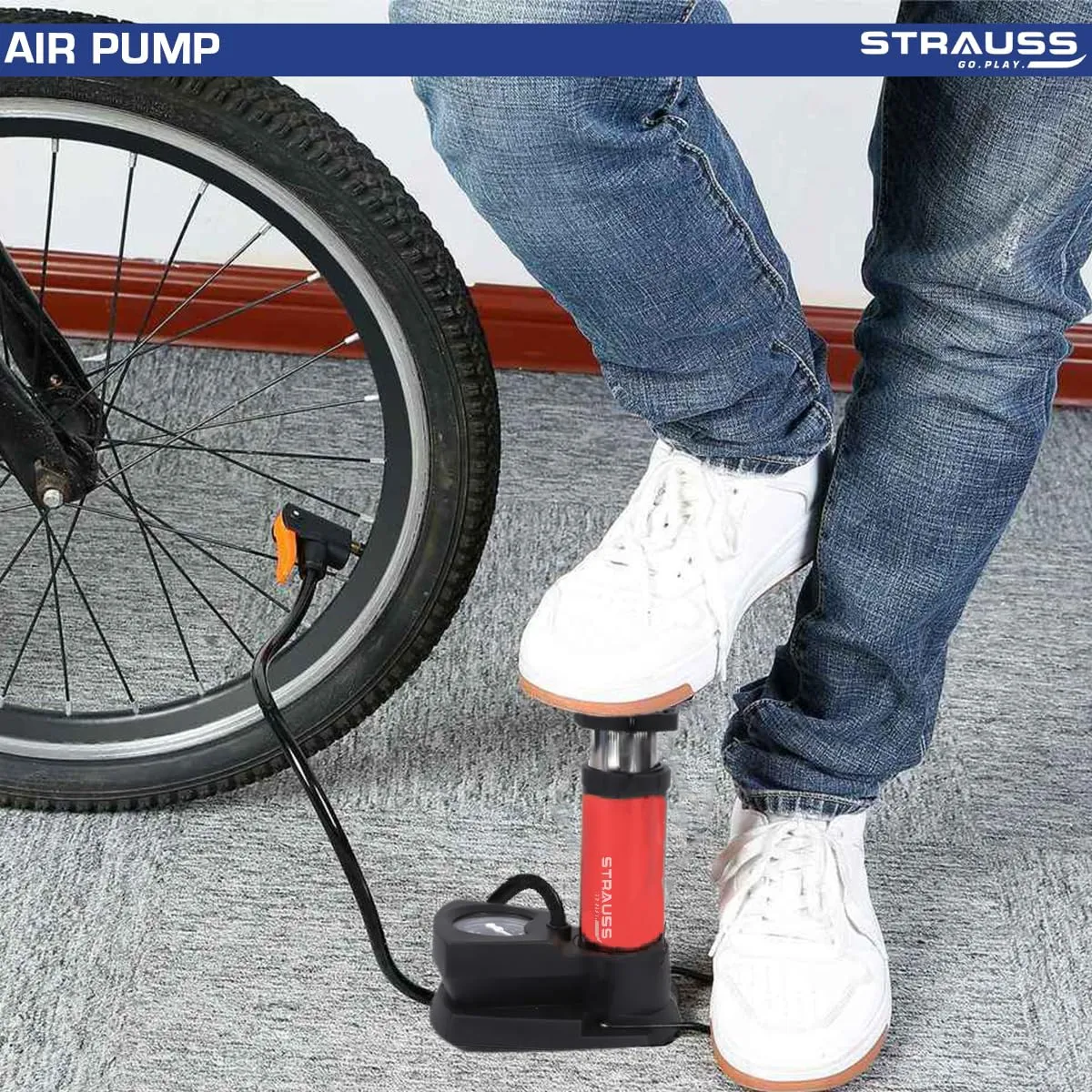 Strauss Portable High Pressure Foot Air Pump with Needle | Lightweight Compressor Air Pump for Car,Bike,Bicycle,Football,Scooter | Extra Pressure Gauge |Pump Fits Universal Presta and Schrader,(Red)
