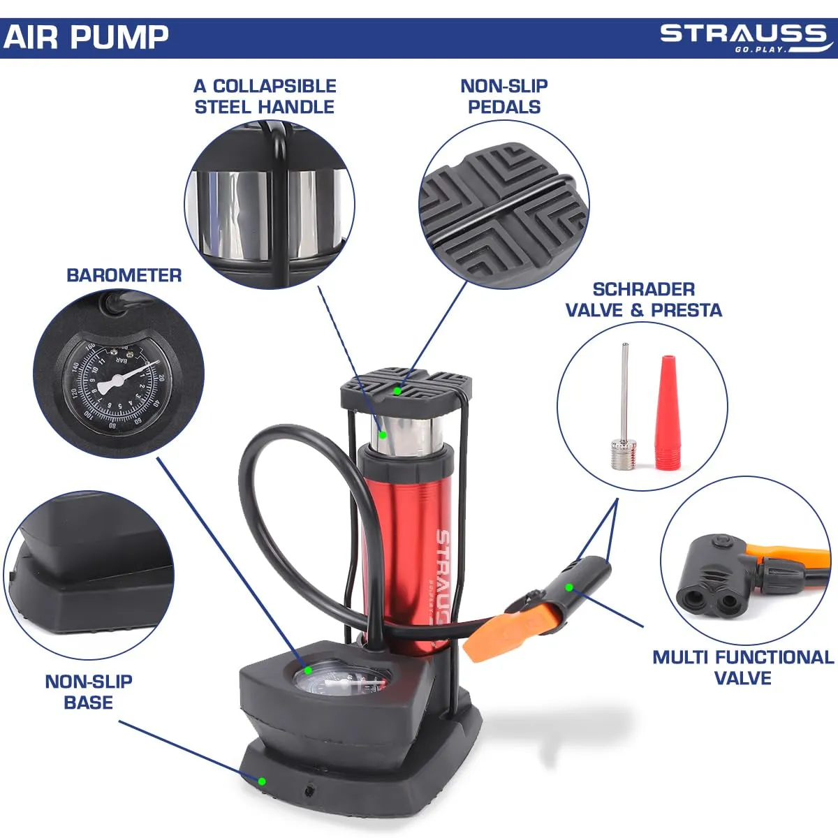 Strauss Portable High Pressure Foot Air Pump with Needle | Lightweight Compressor Air Pump for Car,Bike,Bicycle,Football,Scooter | Extra Pressure Gauge |Pump Fits Universal Presta and Schrader,(Red)