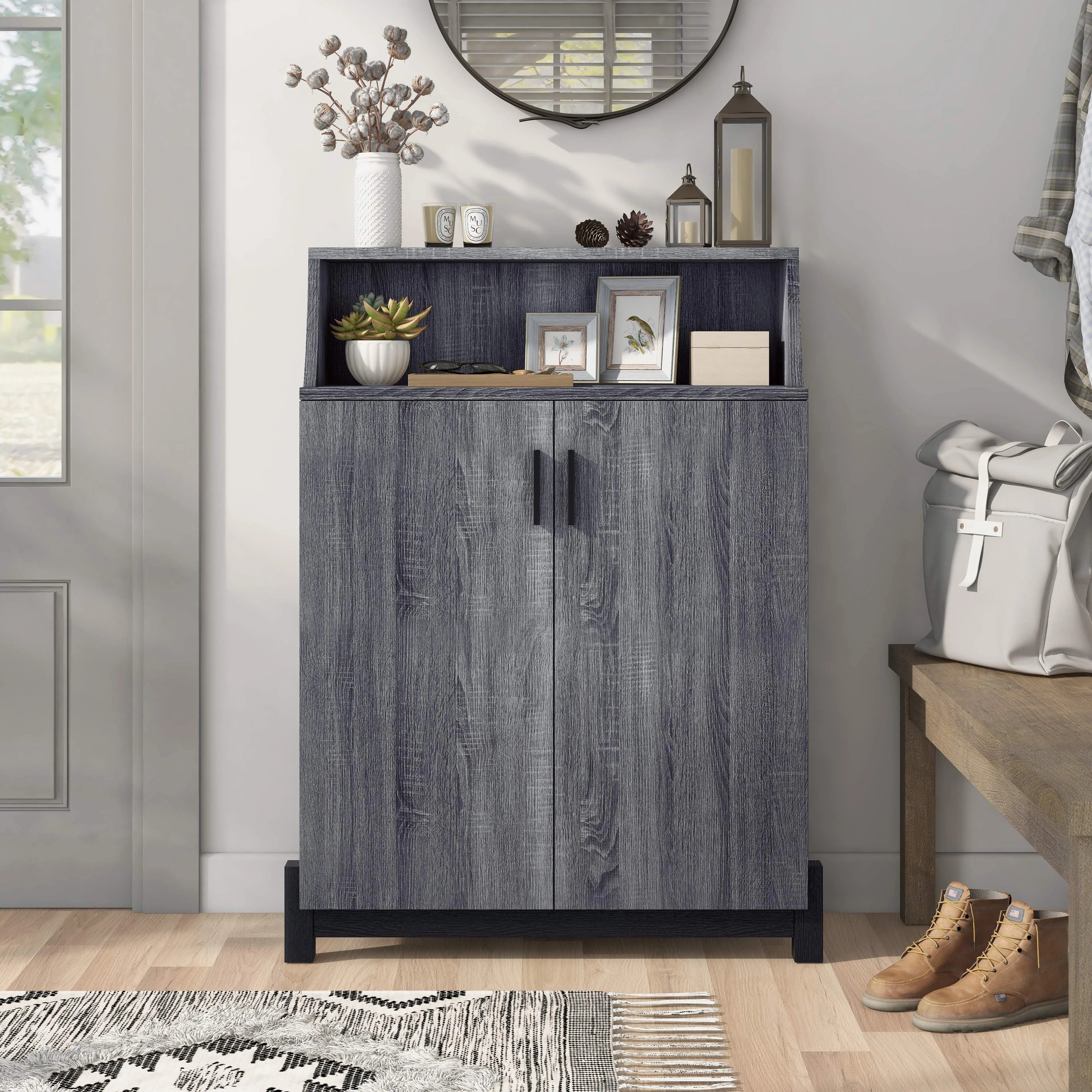 Tavison Contemporary Distressed Gray 6-Shelf Shoe Cabinet (12-Pair)