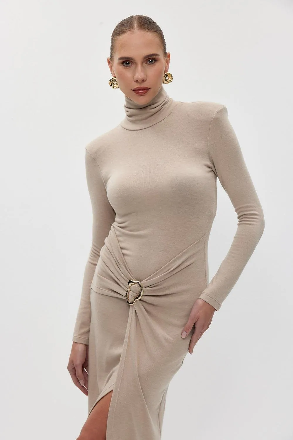 Turtleneck Padded Long Sleeve Midi Dress
