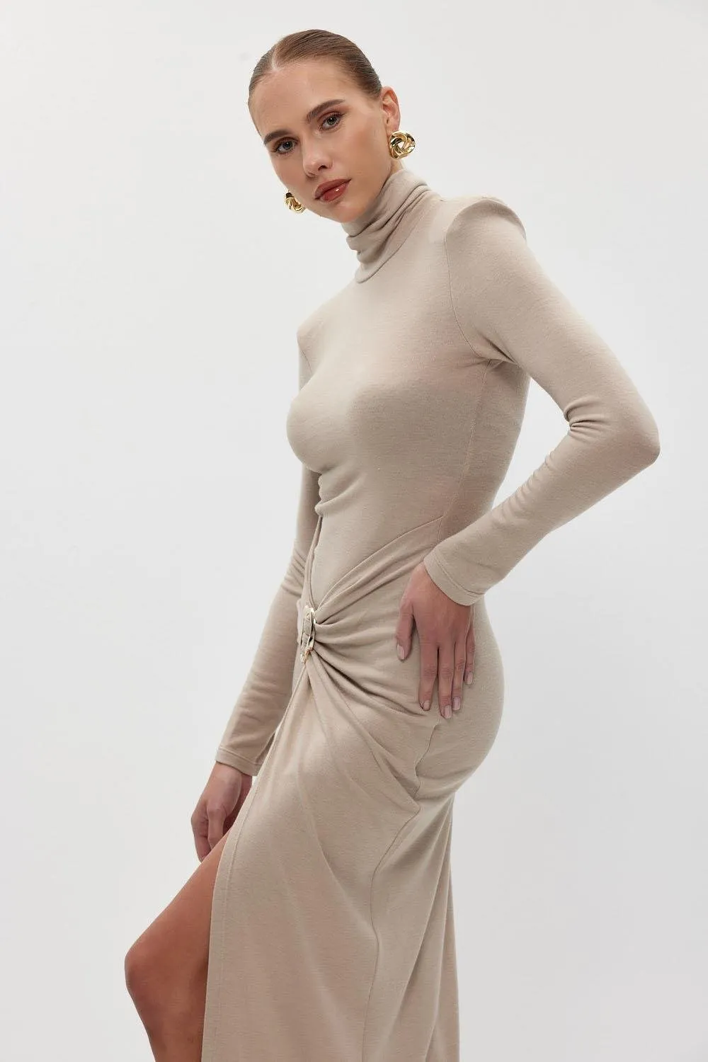 Turtleneck Padded Long Sleeve Midi Dress