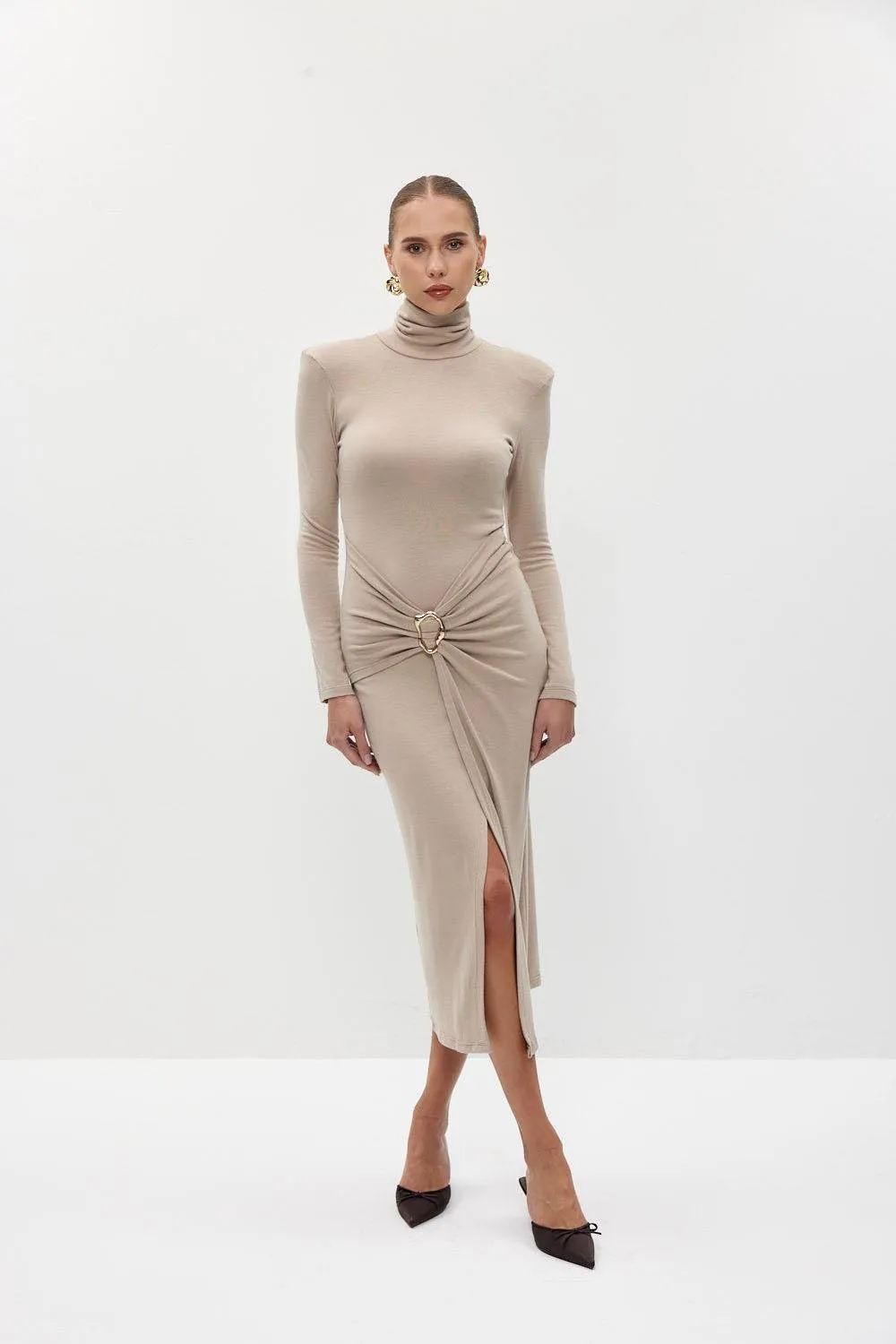 Turtleneck Padded Long Sleeve Midi Dress